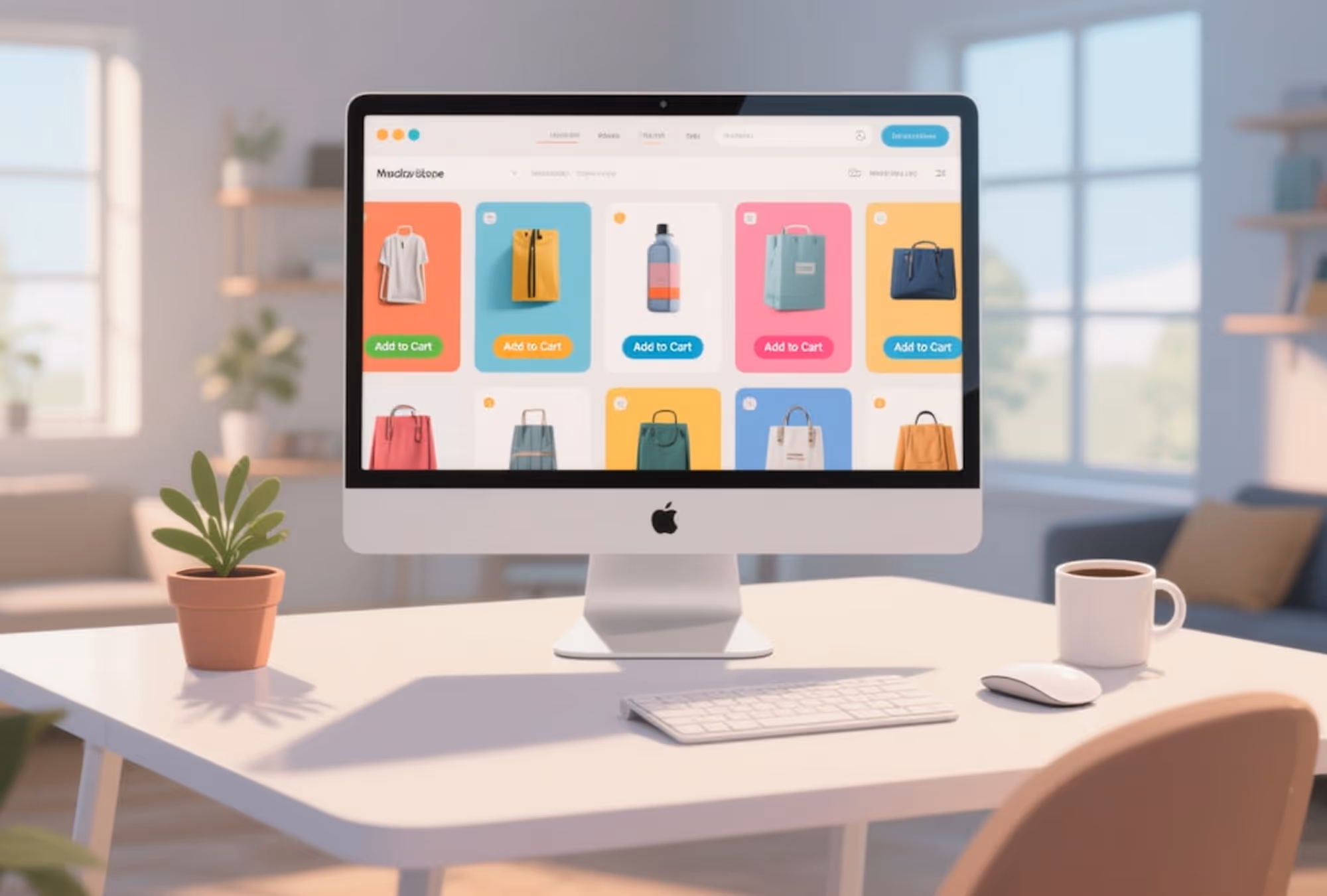 Workspace with iMac showing a colorful e-commerce website in Web Rocket Pro style.